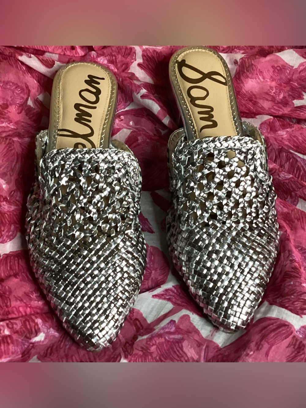 Sam Edelman Clara Metallic Silver Pewter Leather Woven Pointed-Toe Mule 8M